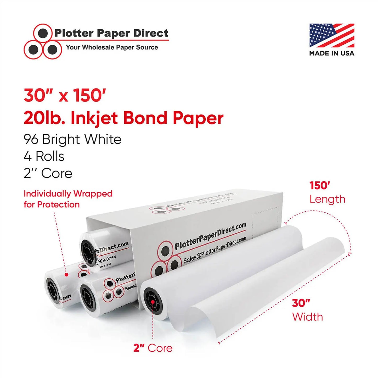 (4) 30'' x 150' Rolls - 20# Plotter Paper - 2'' Core