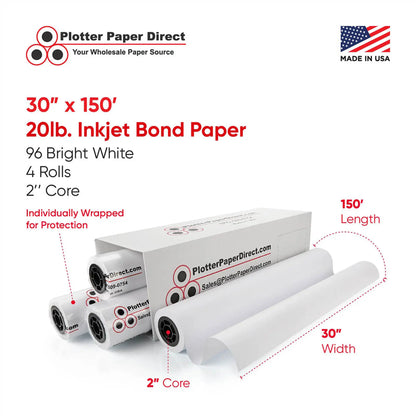 (4) 30'' x 150' Rolls - 20# Plotter Paper - 2'' Core