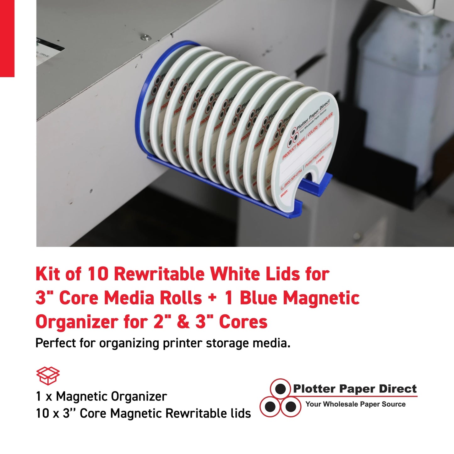 Kit of 10 Rewritable White Lids for 3" Core Media Rolls + 1 Blue Magnetic Wall Organizer for 2" & 3" Cores – Durable Storage Solution for Print & Sign Shops