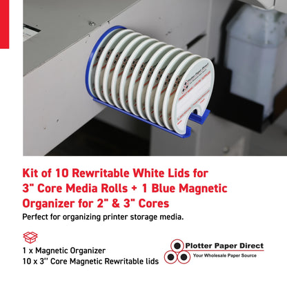 Kit of 10 Rewritable White Lids for 3" Core Media Rolls + 1 Blue Magnetic Wall Organizer for 2" & 3" Cores – Durable Storage Solution for Print & Sign Shops