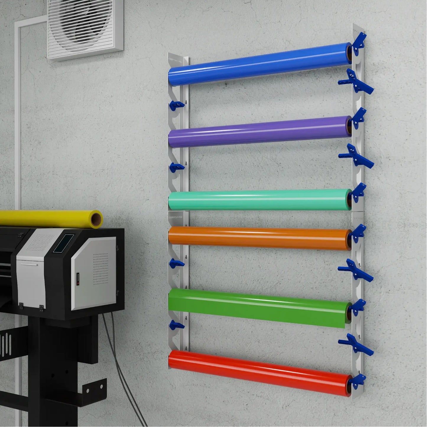 2-Pack Wall Mounted Vinyl Roll Storage Racks – White Aluminum with Blue ABS Swivel Arms, Holds 10 Rolls Total, Space-Saving Organizer for Print Shops, Studios & Craft Rooms