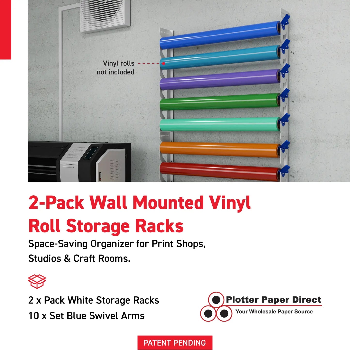 2-Pack Wall Mounted Vinyl Roll Storage Racks – White Aluminum with Blue ABS Swivel Arms, Holds 10 Rolls Total, Space-Saving Organizer for Print Shops, Studios & Craft Rooms