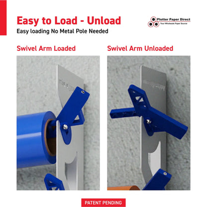 2-Pack Wall Mounted Vinyl Roll Storage Racks – White Aluminum with Blue ABS Swivel Arms, Holds 10 Rolls Total, Space-Saving Organizer for Print Shops, Studios & Craft Rooms