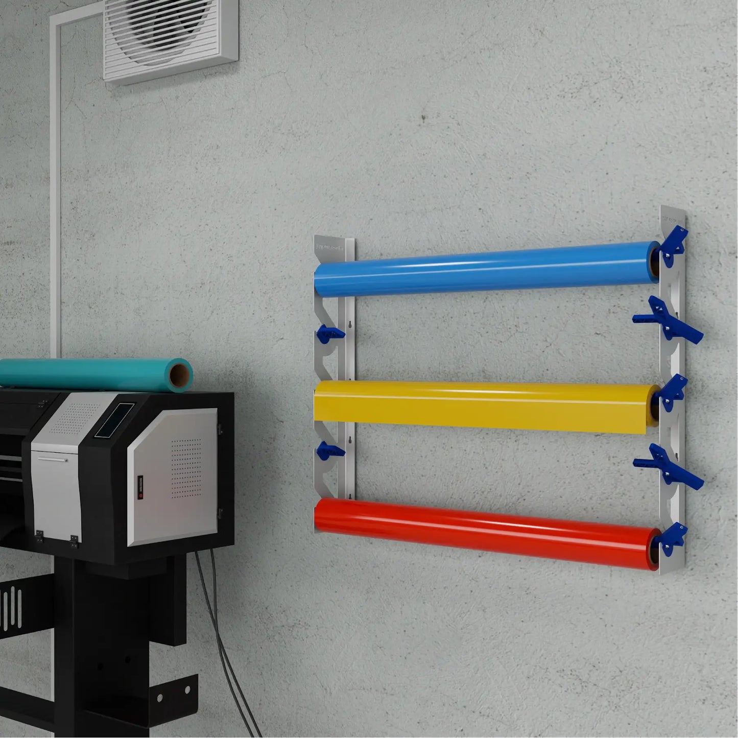 White Aluminum Wall Mounted Vinyl Roll Storage Rack with Blue V-Bracket ABS Plastic Swivel Arm – Holds 5 Vinyl Rolls, Space-Saving Organizer for Studios & Print Shops