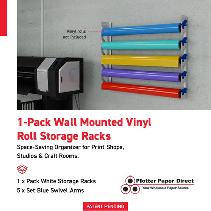 White Aluminum Wall Mounted Vinyl Roll Storage Rack with Blue V-Bracket ABS Plastic Swivel Arm – Holds 5 Vinyl Rolls, Space-Saving Organizer for Studios & Print Shops