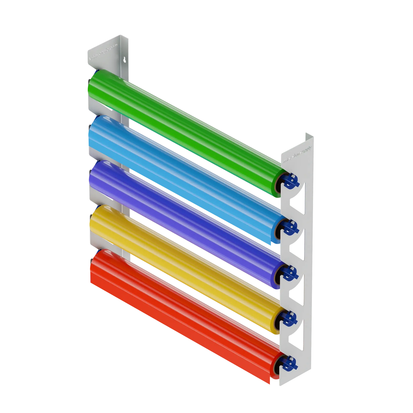 2-Pack Wall Mounted Vinyl Roll Storage Racks – White Aluminum with Blue ABS Swivel Arms, Holds 10 Rolls Total, Space-Saving Organizer for Print Shops, Studios & Craft Rooms