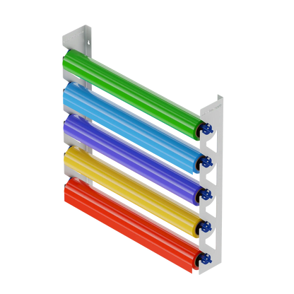 2-Pack Wall Mounted Vinyl Roll Storage Racks – White Aluminum with Blue ABS Swivel Arms, Holds 10 Rolls Total, Space-Saving Organizer for Print Shops, Studios & Craft Rooms