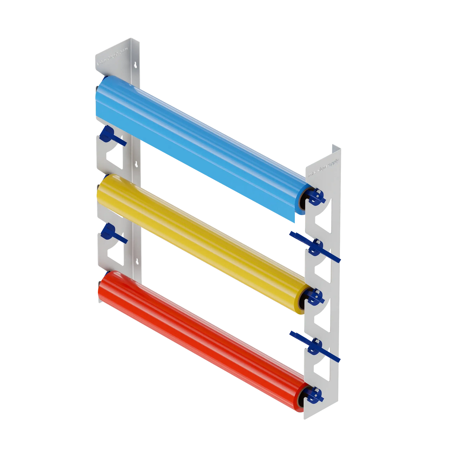 2-Pack Wall Mounted Vinyl Roll Storage Racks – White Aluminum with Blue ABS Swivel Arms, Holds 10 Rolls Total, Space-Saving Organizer for Print Shops, Studios & Craft Rooms
