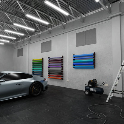 2-Pack Wall Mounted Vinyl Roll Storage Racks – White Aluminum with Blue ABS Swivel Arms, Holds 10 Rolls Total, Space-Saving Organizer for Print Shops, Studios & Craft Rooms