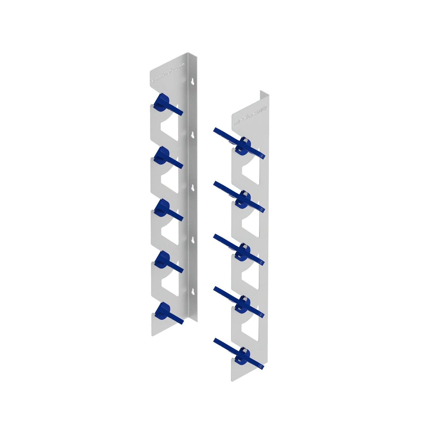 2-Pack Wall Mounted Vinyl Roll Storage Racks – White Aluminum with Blue ABS Swivel Arms, Holds 10 Rolls Total, Space-Saving Organizer for Print Shops, Studios & Craft Rooms