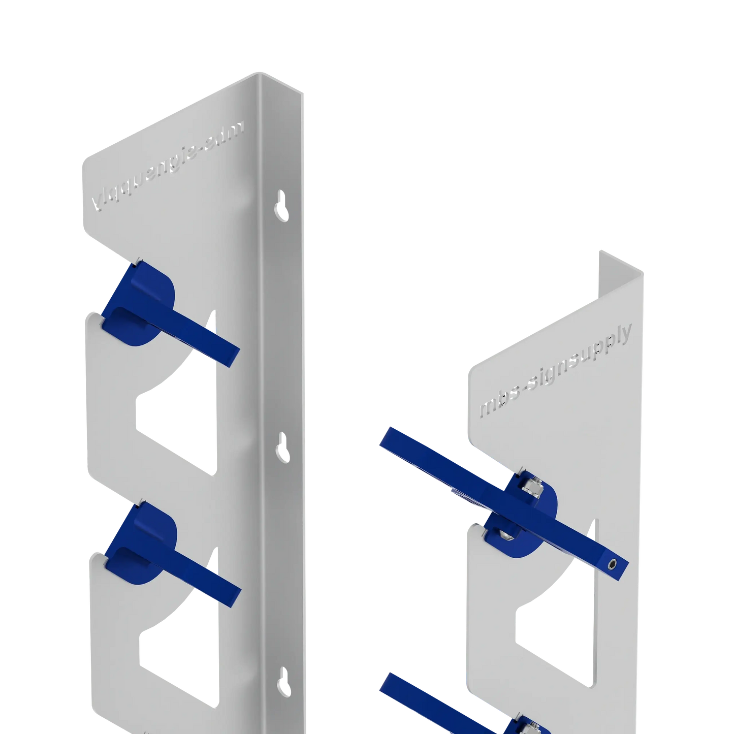 2-Pack Wall Mounted Vinyl Roll Storage Racks – White Aluminum with Blue ABS Swivel Arms, Holds 10 Rolls Total, Space-Saving Organizer for Print Shops, Studios & Craft Rooms