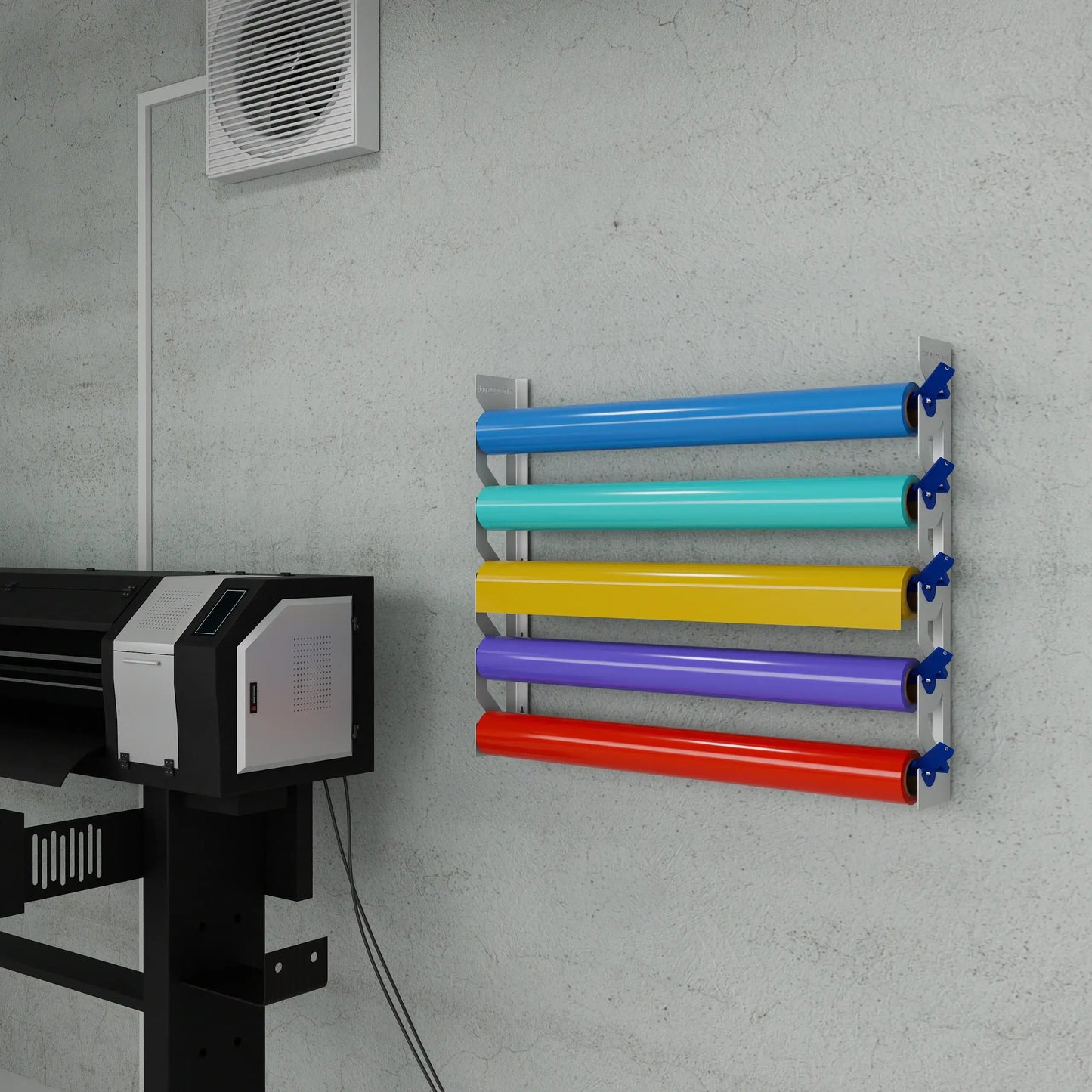 2-Pack Wall Mounted Vinyl Roll Storage Racks – White Aluminum with Blue ABS Swivel Arms, Holds 10 Rolls Total, Space-Saving Organizer for Print Shops, Studios & Craft Rooms