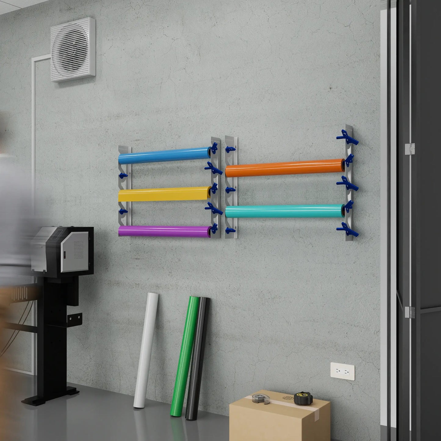 2-Pack Wall Mounted Vinyl Roll Storage Racks – White Aluminum with Blue ABS Swivel Arms, Holds 10 Rolls Total, Space-Saving Organizer for Print Shops, Studios & Craft Rooms