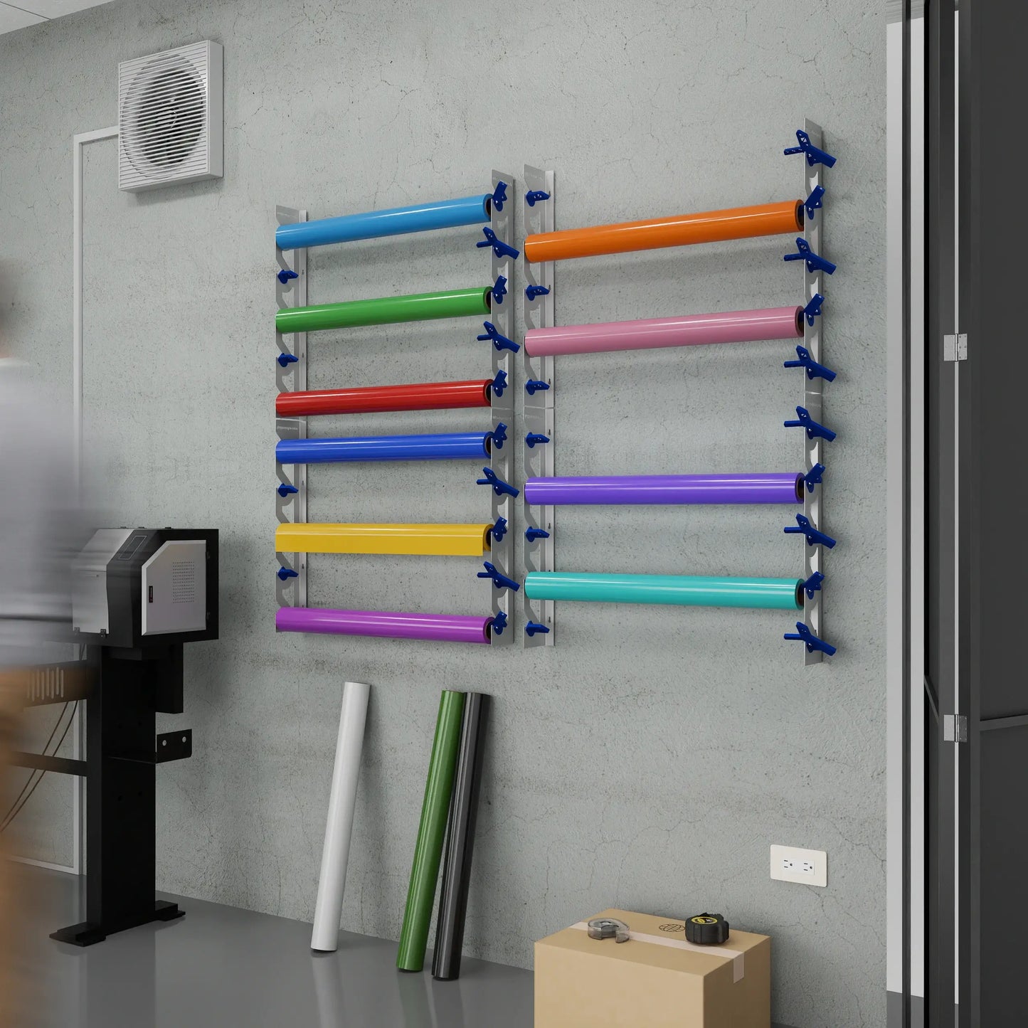 2-Pack Wall Mounted Vinyl Roll Storage Racks – White Aluminum with Blue ABS Swivel Arms, Holds 10 Rolls Total, Space-Saving Organizer for Print Shops, Studios & Craft Rooms