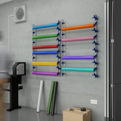 2-Pack Wall Mounted Vinyl Roll Storage Racks – White Aluminum with Blue ABS Swivel Arms, Holds 10 Rolls Total, Space-Saving Organizer for Print Shops, Studios & Craft Rooms