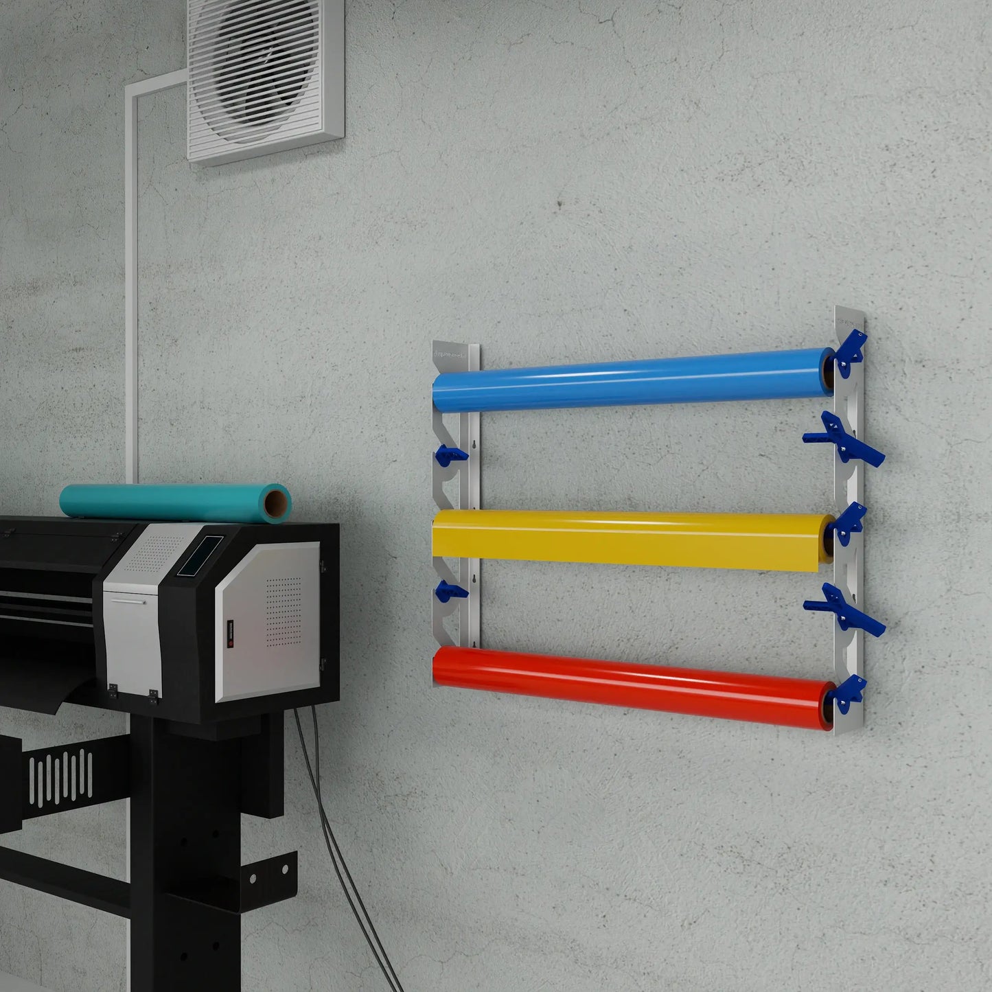 White Aluminum Wall Mounted Vinyl Roll Storage Rack with Blue V-Bracket ABS Plastic Swivel Arm – Holds 5 Vinyl Rolls, Space-Saving Organizer for Studios & Print Shops