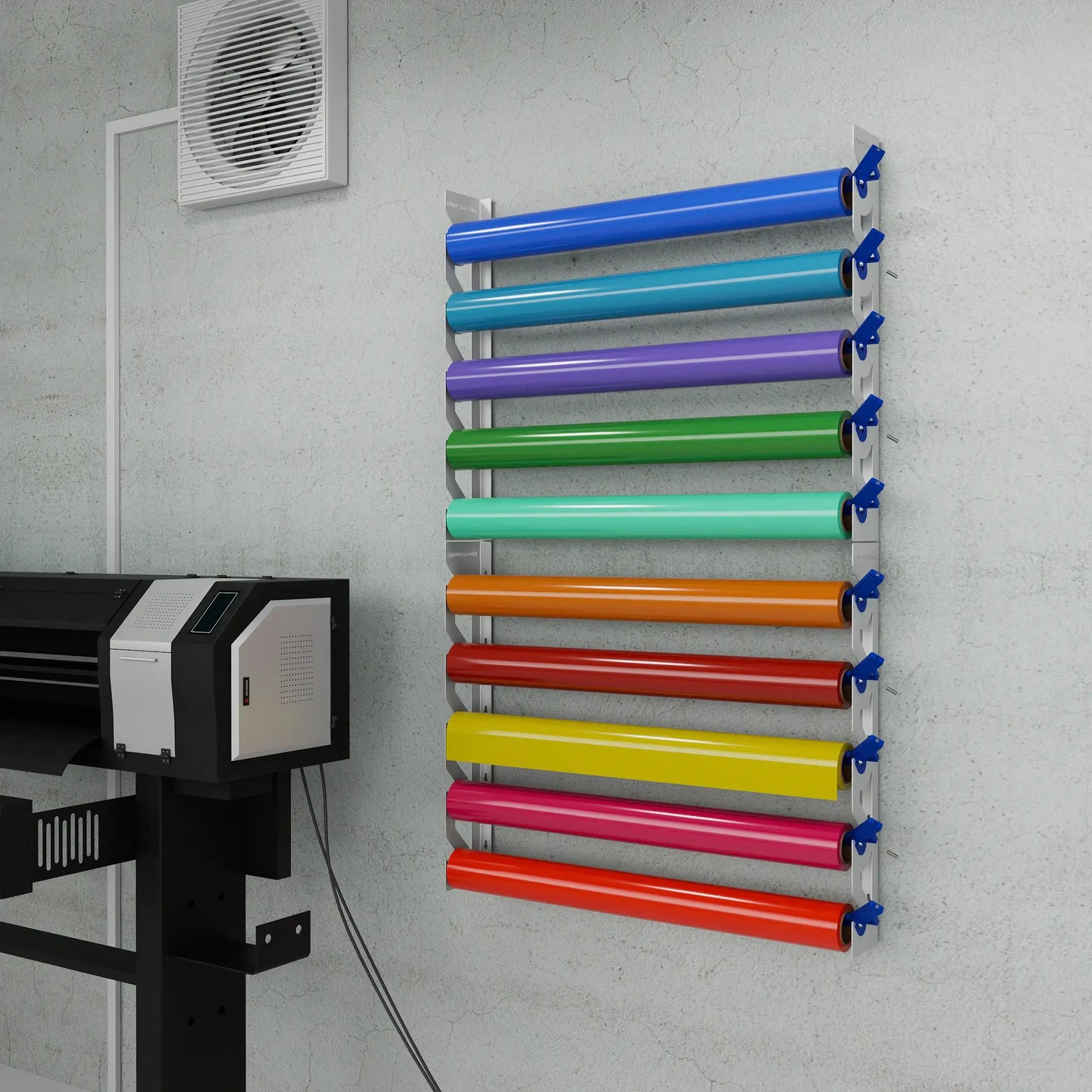 White Aluminum Wall Mounted Vinyl Roll Storage Rack with Blue V-Bracket ABS Plastic Swivel Arm – Holds 5 Vinyl Rolls, Space-Saving Organizer for Studios & Print Shops