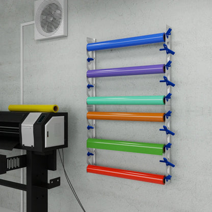 White Aluminum Wall Mounted Vinyl Roll Storage Rack with Blue V-Bracket ABS Plastic Swivel Arm – Holds 5 Vinyl Rolls, Space-Saving Organizer for Studios & Print Shops